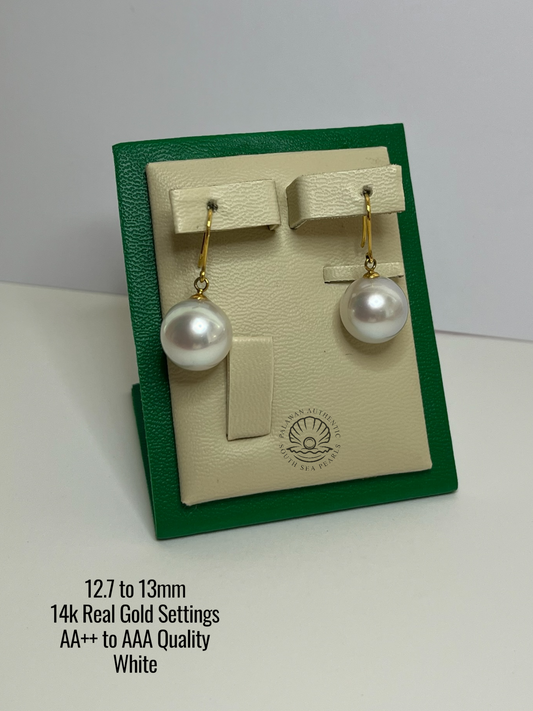 12.7 to 13.1mm Palawan Authentic White Color South Sea Pearl in 14k Real Gold Settings