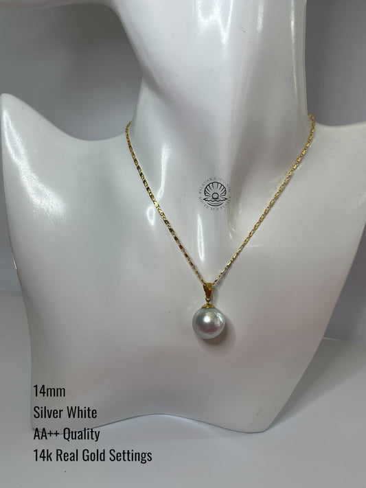 14mm Palawan Authentic Silver White Color South Sea Pearl Pendant in 14k Real Gold Settings