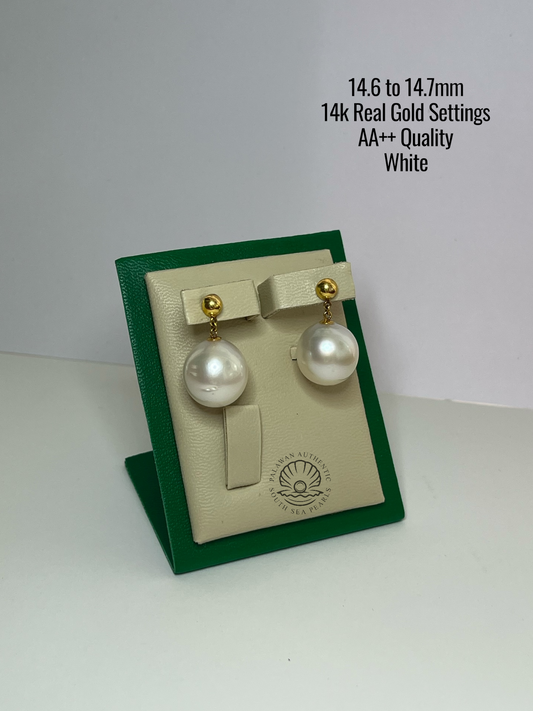 14.6 to 14.7mm Palawan Authentic White Color South Sea Pearl in 14k Real Gold Settings