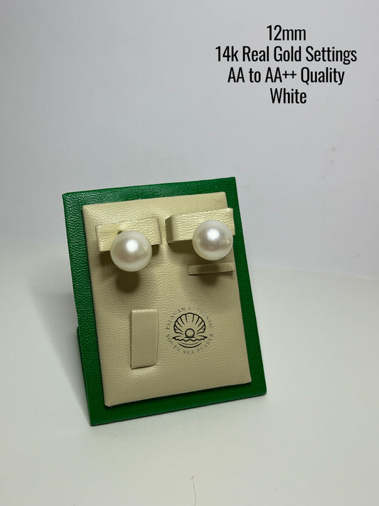 12mm Palawan Authentic White Color South Sea Pearl Earrings in 14k Real Gold Settings
