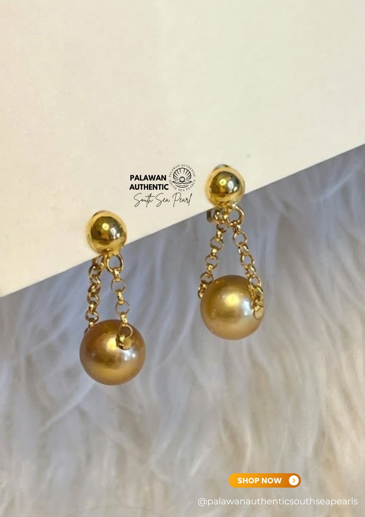 8.8mm to 9mm Palawan Authentic Deep Golden Color South Sea Pearl Earrings in 14k and 18k Real Gold Settings