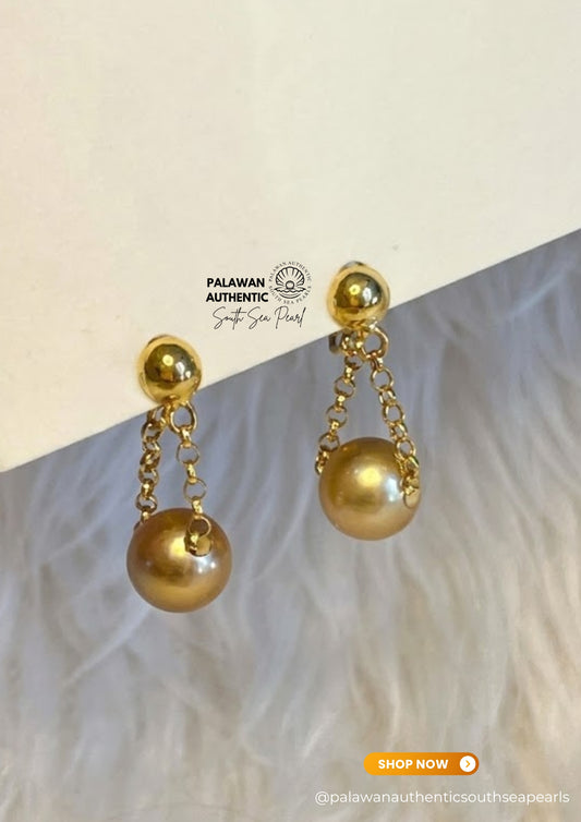 8.8mm to 9mm Palawan Authentic Deep Golden Color South Sea Pearl Earrings in 14k and 18k Real Gold Settings