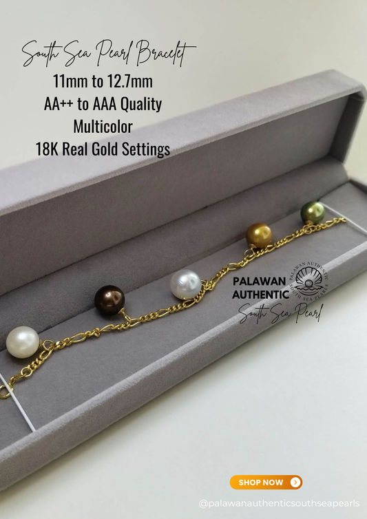 11mm to 12.7mm Palawan Authentic Multicolor South Sea Pearl Bracelet in 18k Real Gold Settings