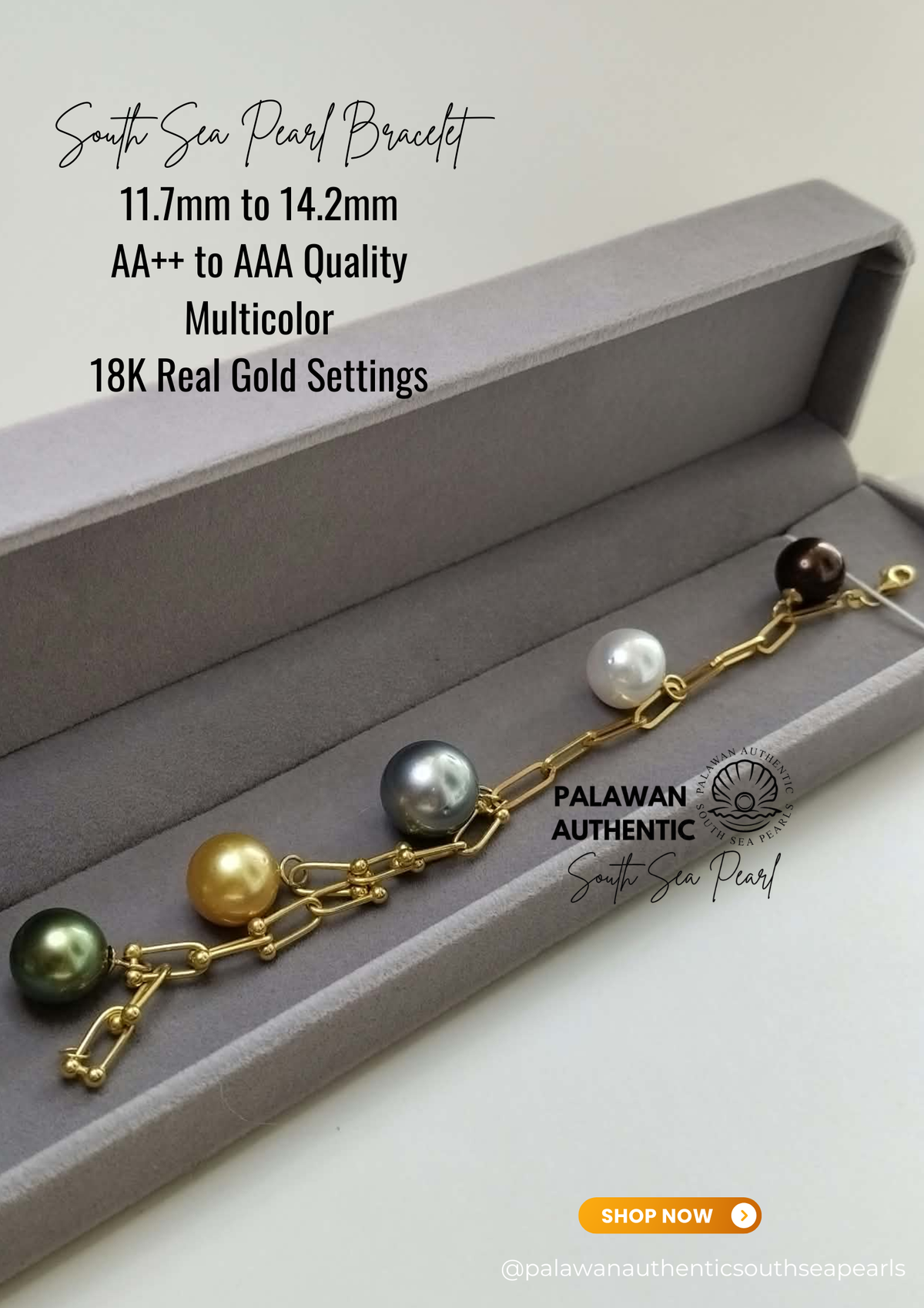 11.7mm to 14.2mm Palawan Authentic Multicolor South Sea Pearl Bracelet in 18k Real Gold Settings