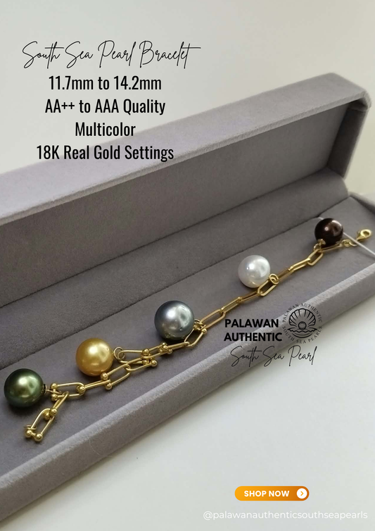 11.7mm to 14.2mm Palawan Authentic Multicolor South Sea Pearl Bracelet in 18k Real Gold Settings