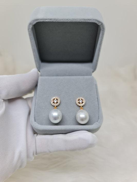 13mm Silver White South Sea Pearls Earrings in 5microns Gold Plated