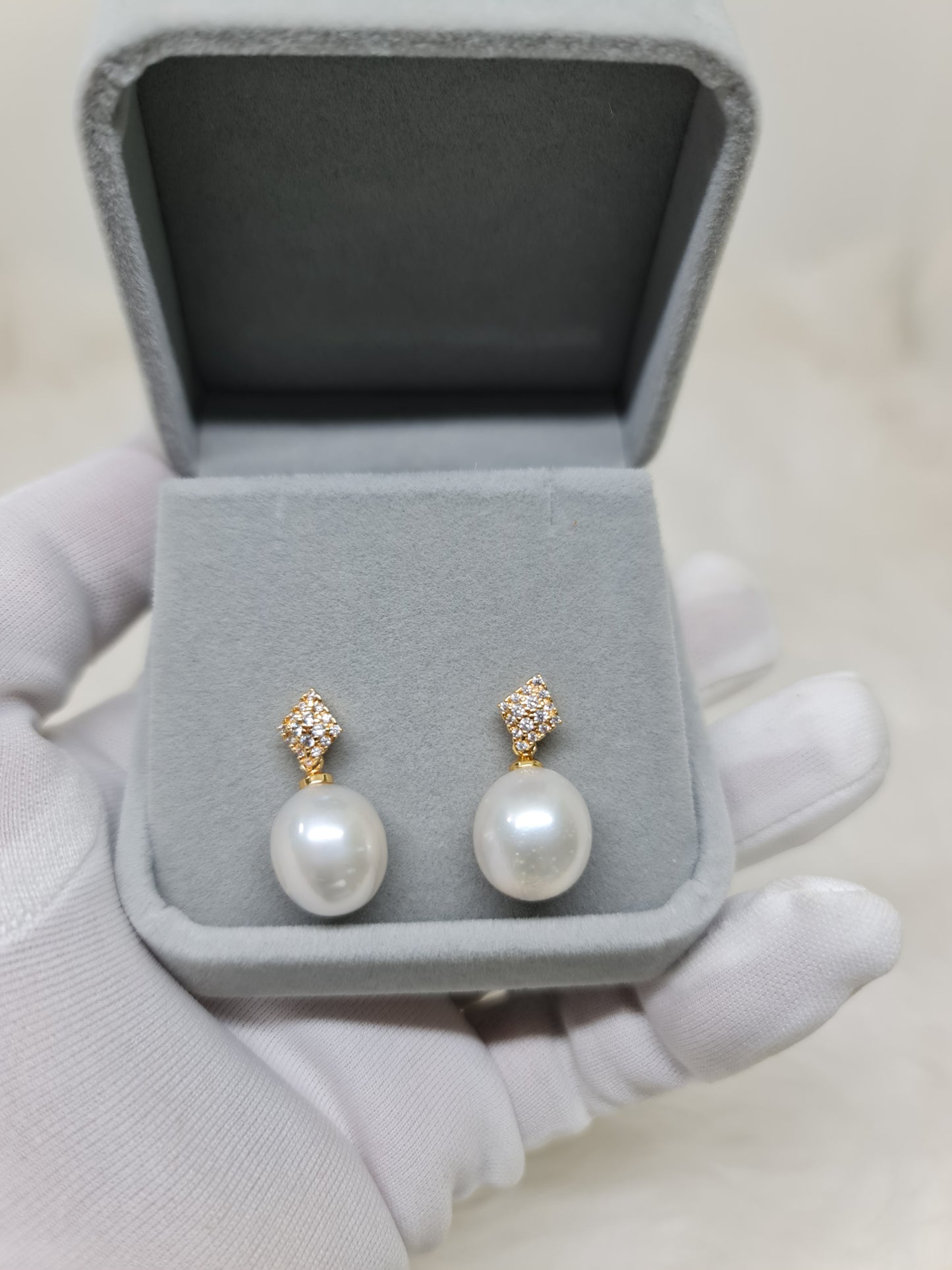 13.5mm White South Sea Pearls Drop Shaped Earrings in Gold Plated
