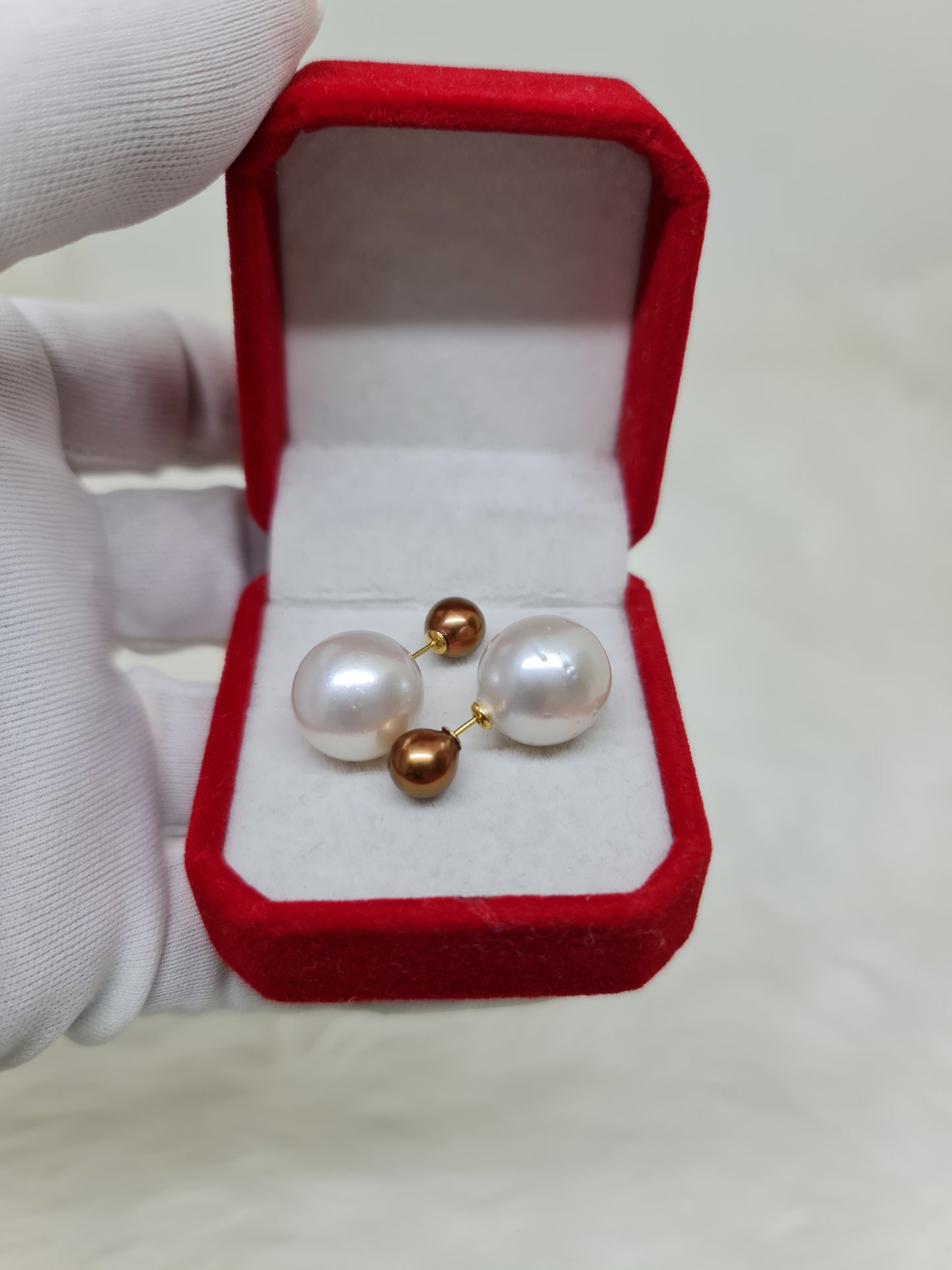 7mm & 13.5mm Browm and White South Sea Pearls Earrings in 925 Silver