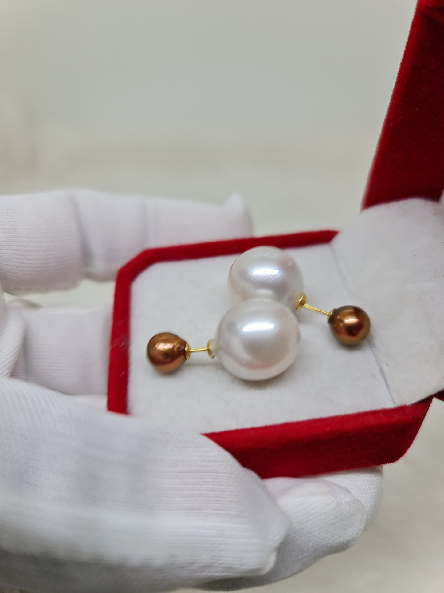 7mm & 13.5mm Browm and White South Sea Pearls Earrings in 925 Silver