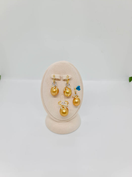 14.5mm to 15.5mm Deep Golden South Sea Pearls Set 3in1 mount in 14K with Diamond