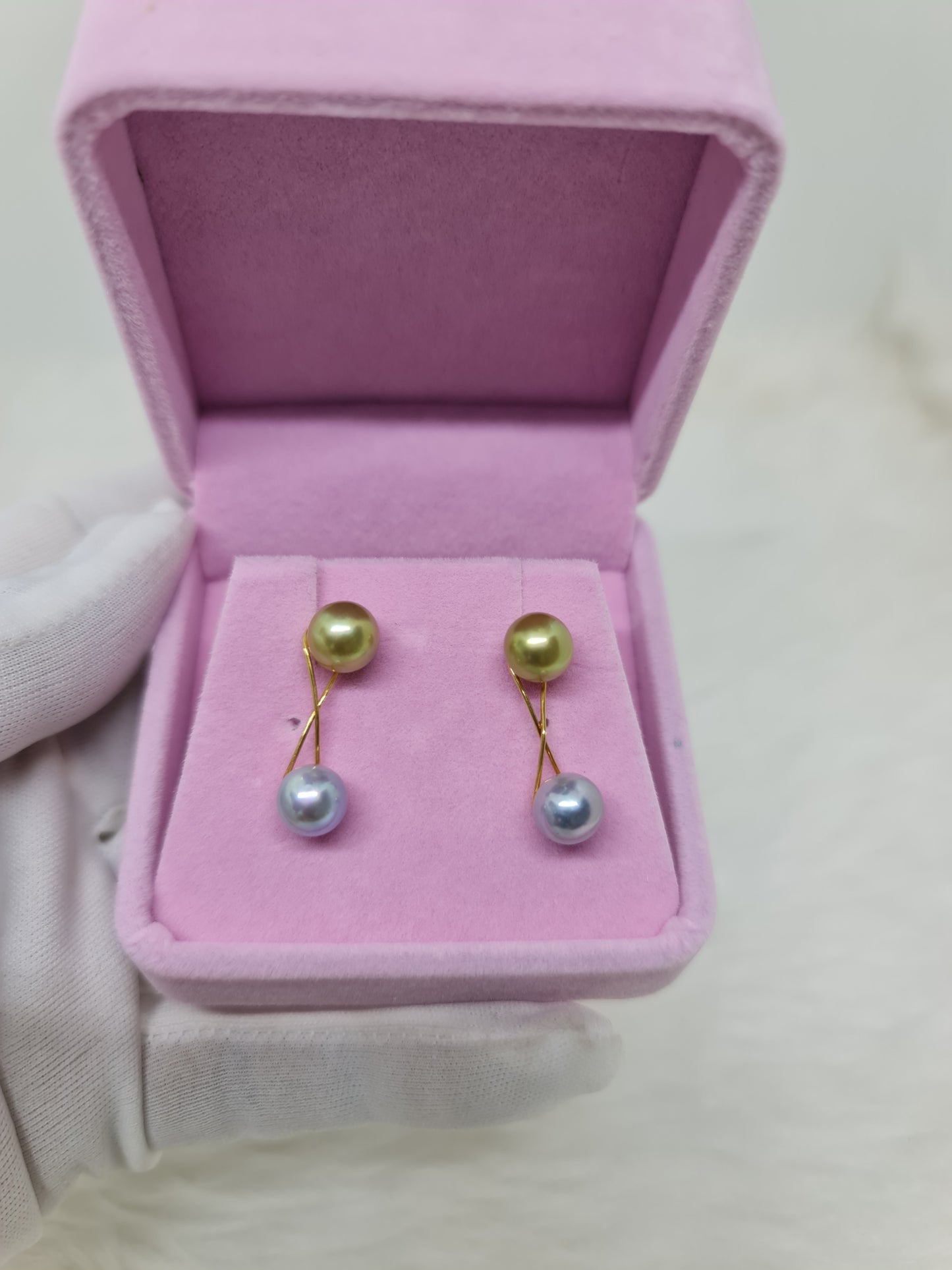 8.2mm Avocado Green South Sea Pearls Earrings mount in 14K Gold