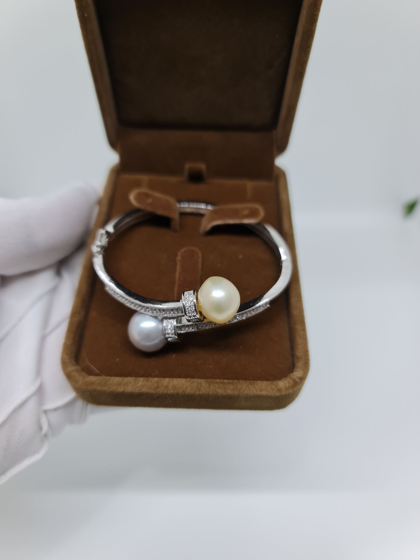 12.9mm Silver & Champagne South Sea Pearls Bangle Plated