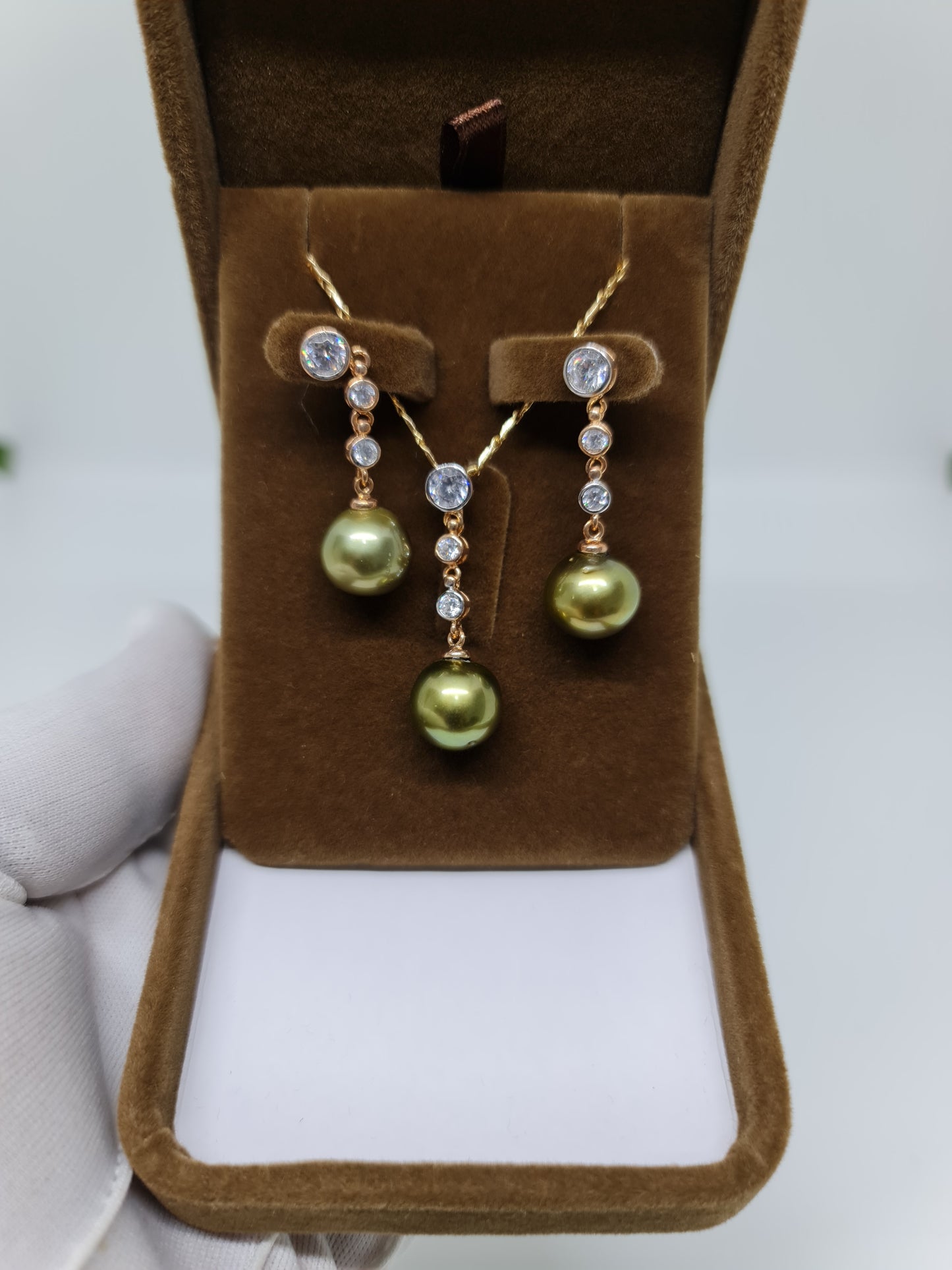 11.7mm - 13mm Pistachio Green South Sea Pearls Set 2in1 Plated