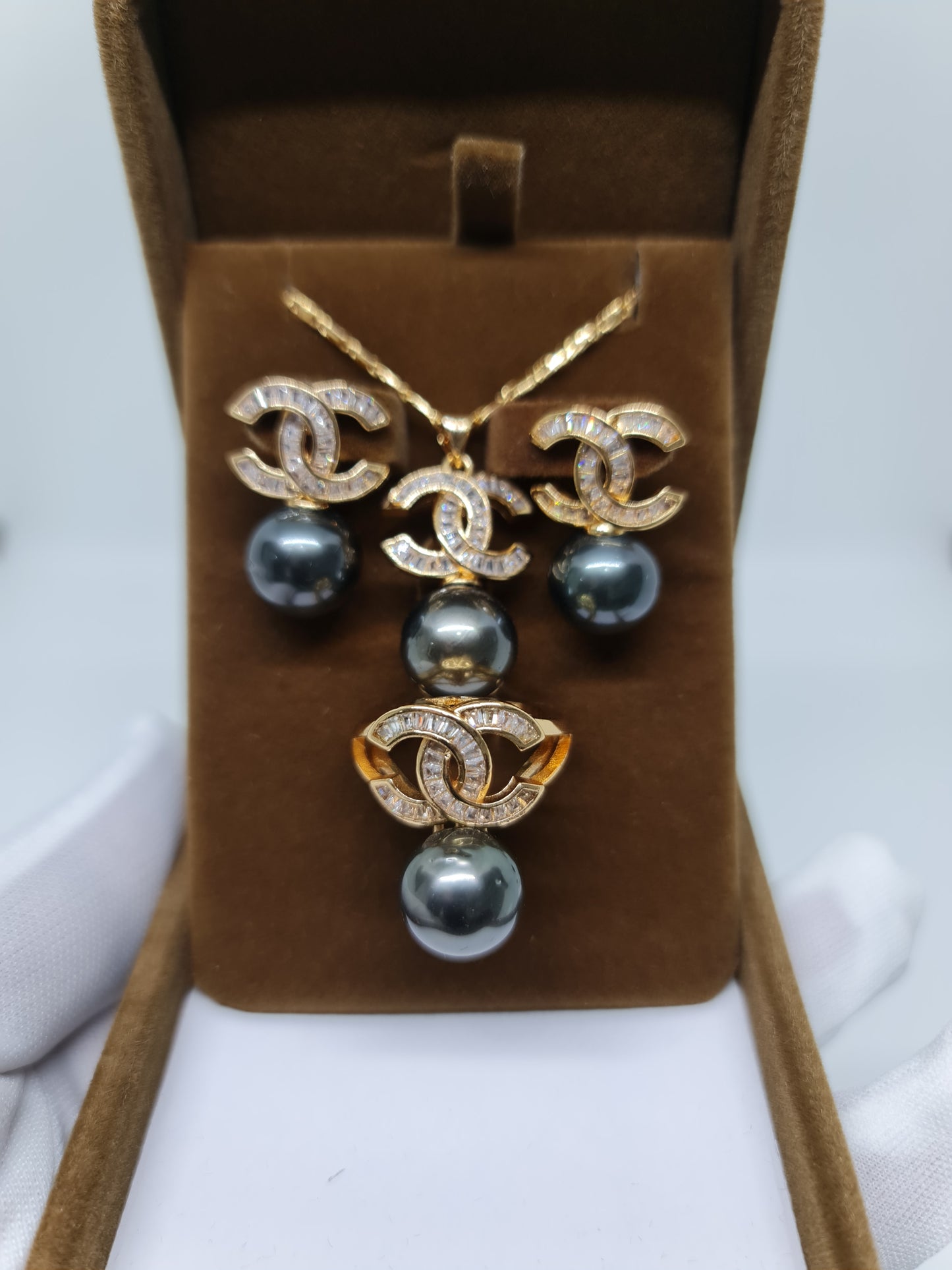 12mm - 12.5mm Tahitian Black South Sea Pearls Set 3in1 Plated