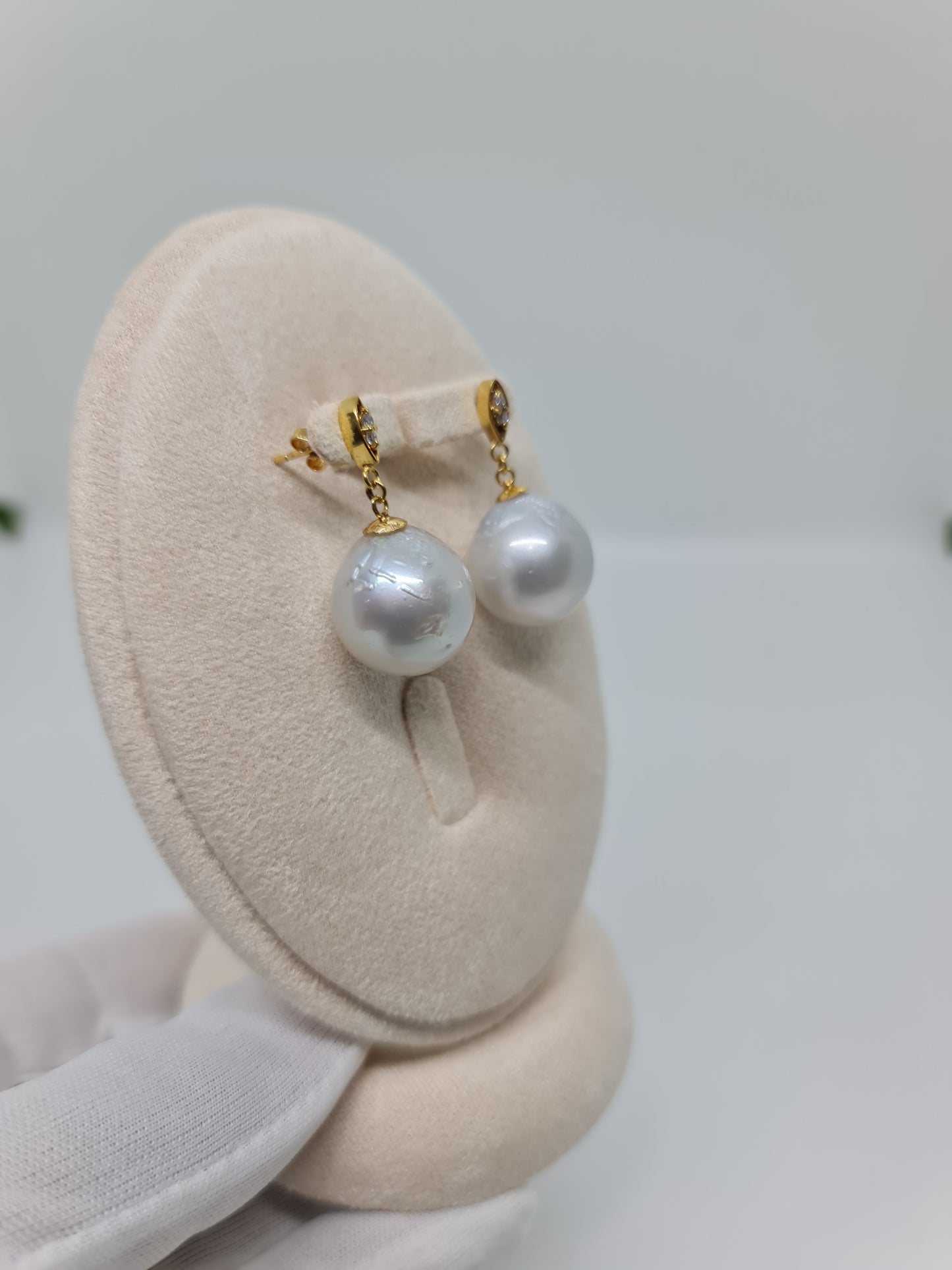 16.5mm Silver White South Sea Pearls Earrings 14K with Diamond Big Pearls