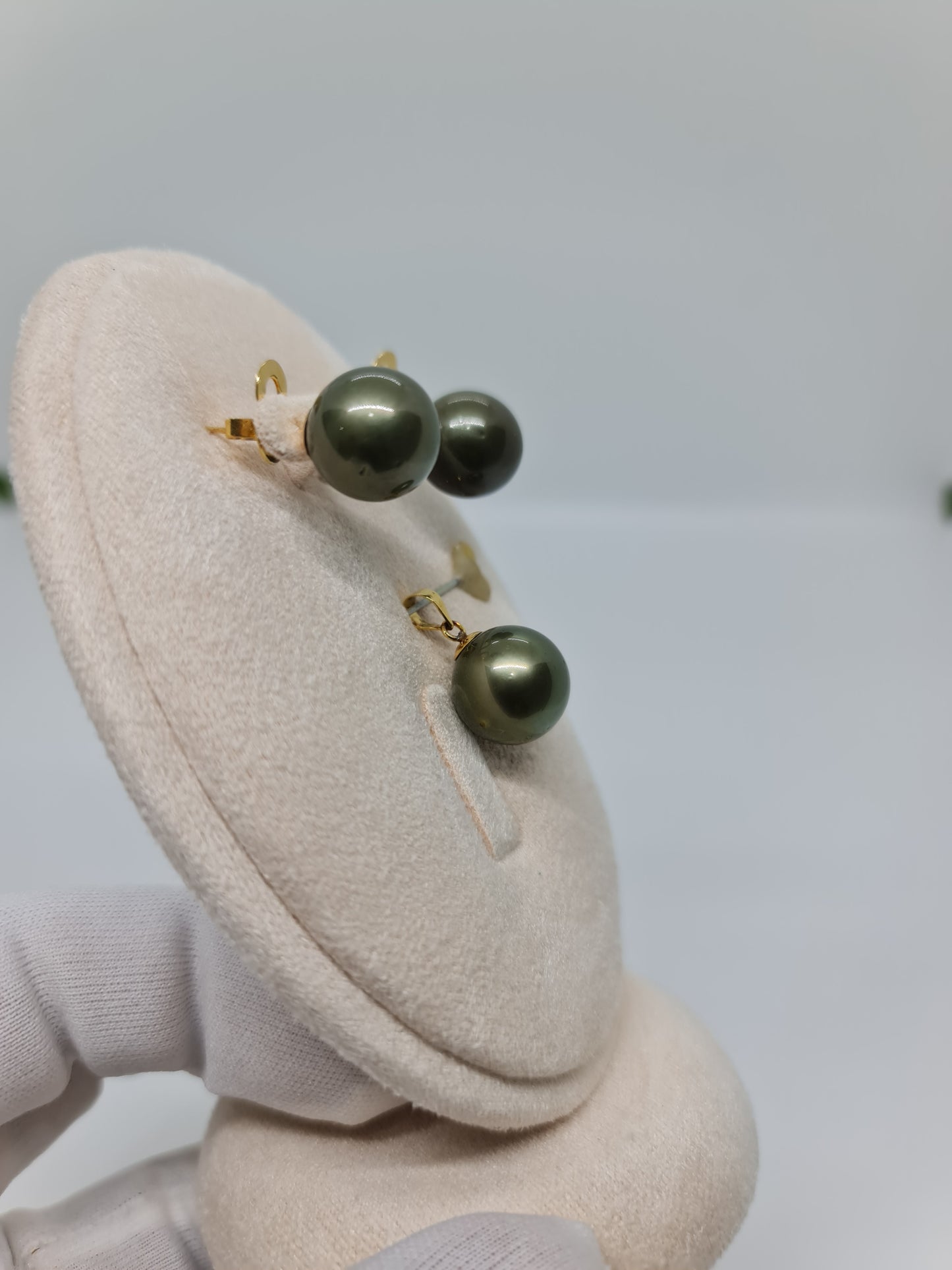 13mm - 13.5mm Authentic Green South Sea Pearls Set 2in1 14K Gold