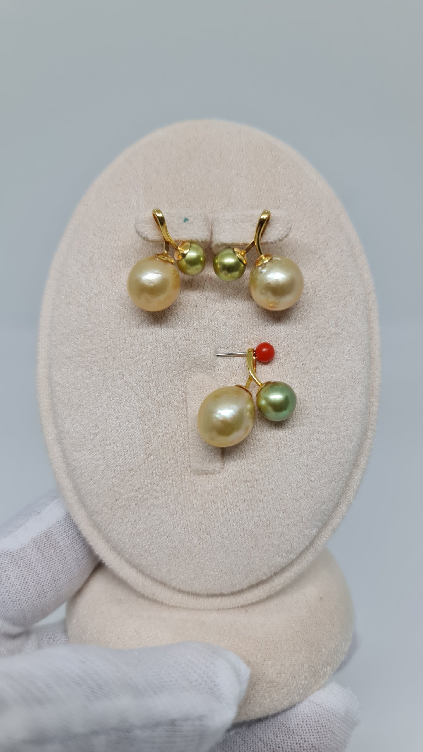 6.7mm to 11.5mm Authentic Avocado & Champagne South Sea Pearls Set 14K Gold