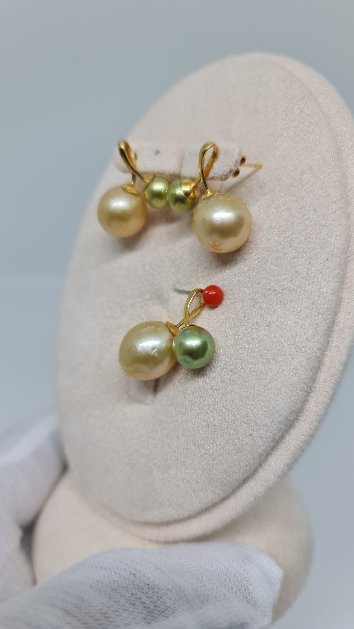 6.7mm to 11.5mm Authentic Avocado & Champagne South Sea Pearls Set 14K Gold