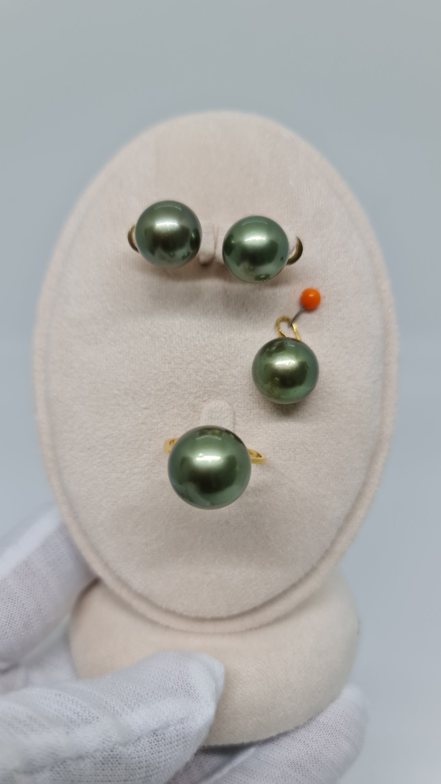 12mm to 13.7mm Authentic Pistachio Green South Sea Pearls Set in 14K Gold