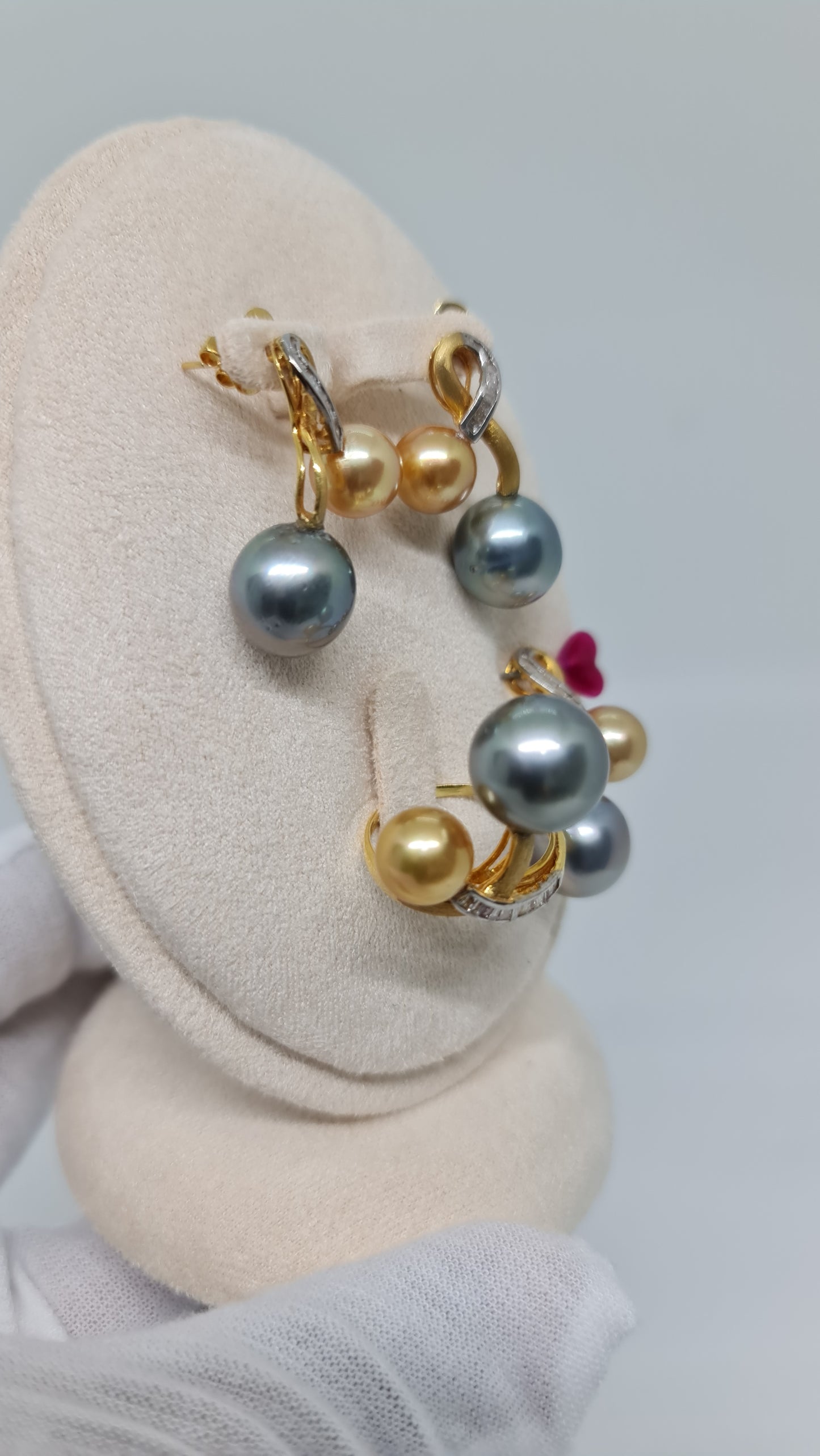 9mm - 12.6mm Deep Golden & Bluish Gray South Sea Pearls Set 3in1 14K Gold with Diamond