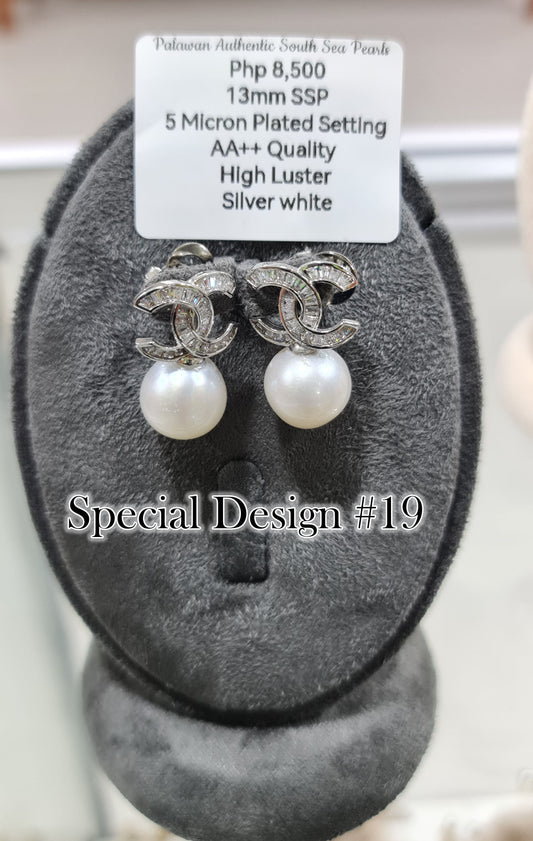 13mm Authentic South Sea Pearls Silver White Special Design Earrings Set in 5 Microns Settings