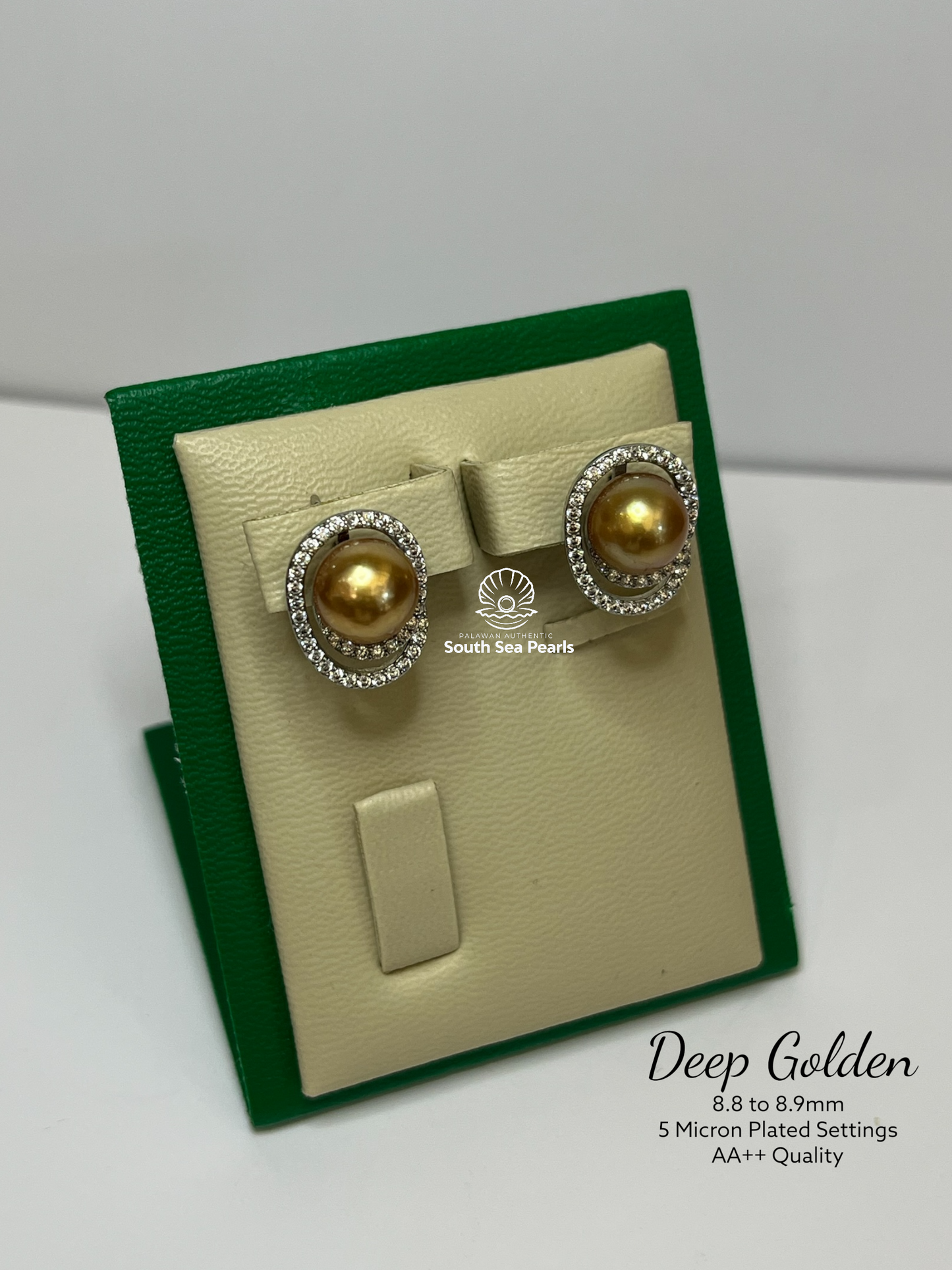 8.8 to 8.9mm Palawan Authentic Deep Golden Color South Sea Pearl Earrings in 5 Micron Plated Settings