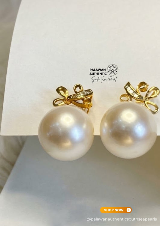 13.4 to 13.6mm Palawan Authentic   Pinkish White Color South Sea Pearl in 14k Real Gold and Diamonds