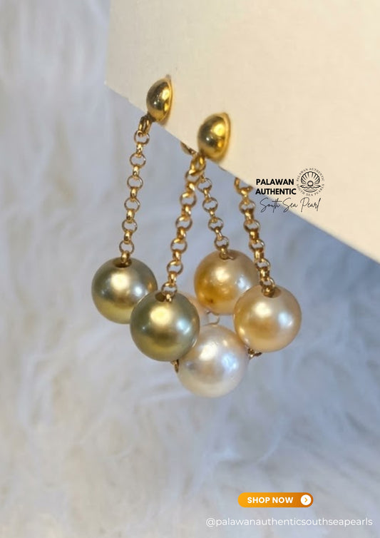 7.6mm to 9.8mm Palawan Authentic Multicolor South Sea Pearl Earrings in 14k and 18k Real Gold Settings