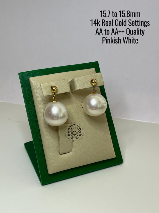 15.7 to 15.8mm Palawan Authentic Pinkish White Color South Sea Pearl Earrings in 14k Real Gold Settings