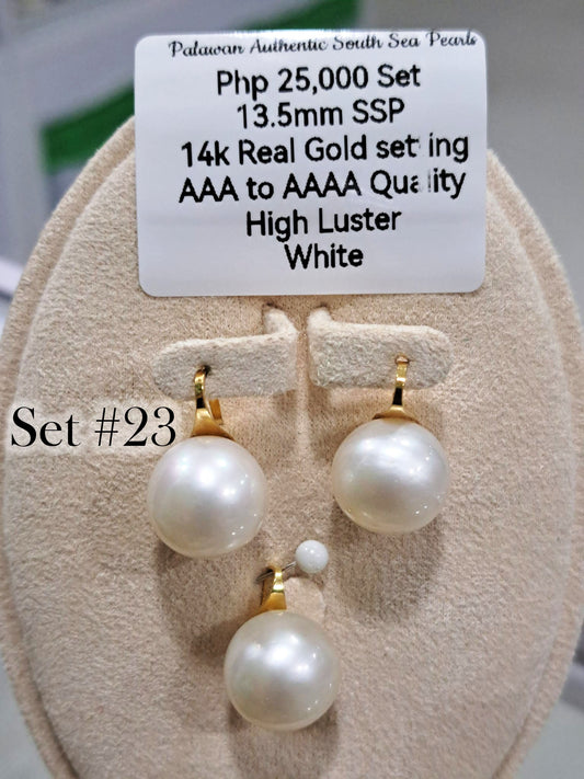 13.5mm Authentic South Sea Pearls White Color Set in 14K Gold