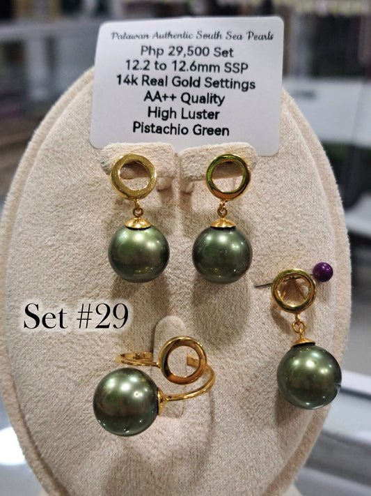 12.2mm to 12.6mm Authentic Pistachio Green South Sea Pearls Set in 14K Gold