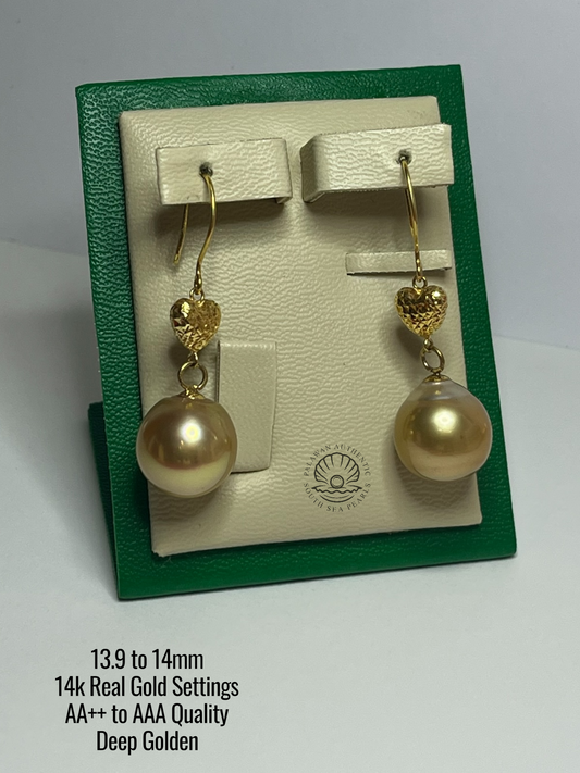 13.9 to 14mm Palawan Authentic Deep Golden Color South Sea Pearl in 14k Real Gold Settings