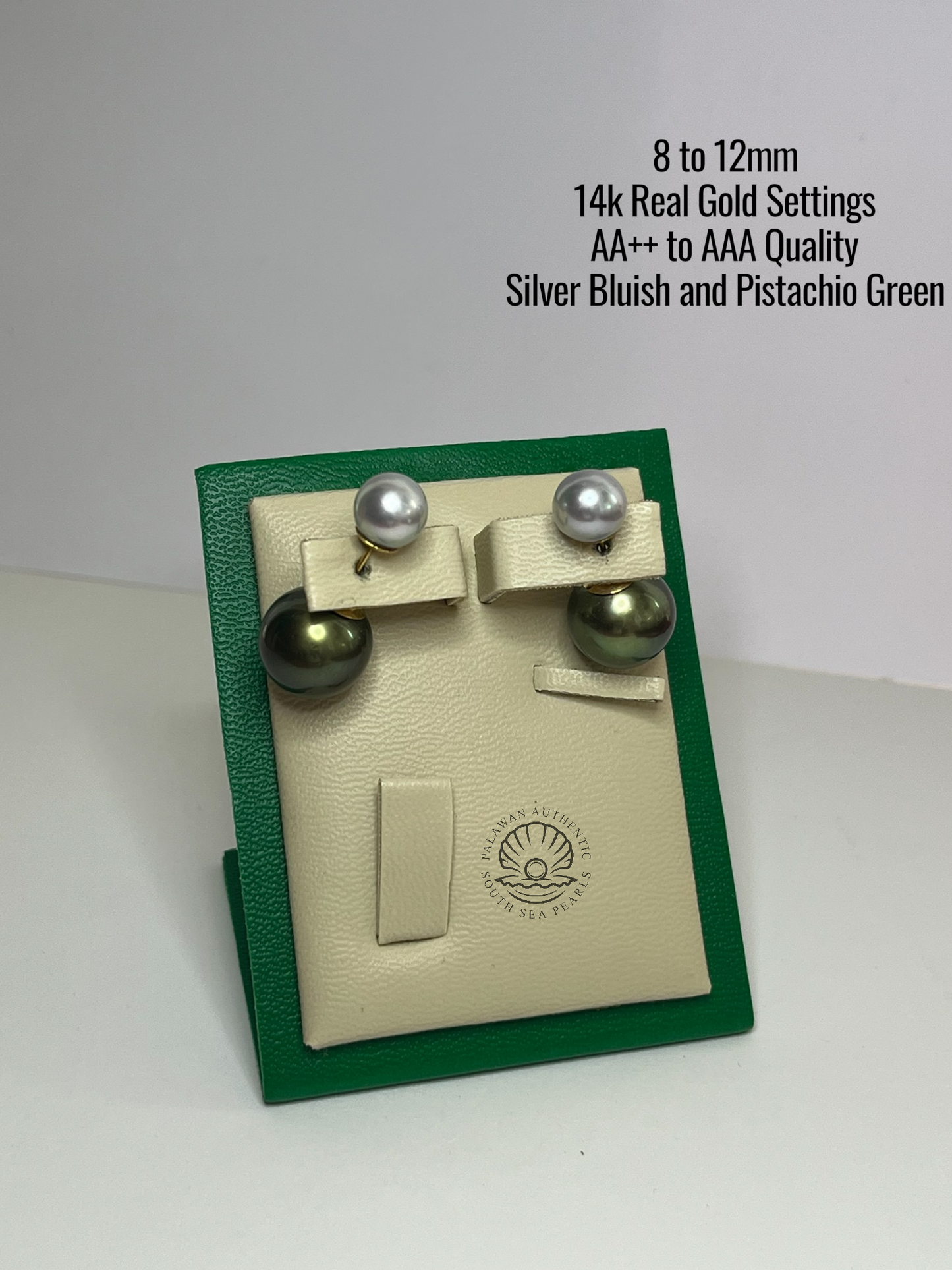 8 to 12mm Palawan Authentic Silver Bluish and Pistachio Green Color South Sea Pearl in 14k Real Gold Settings