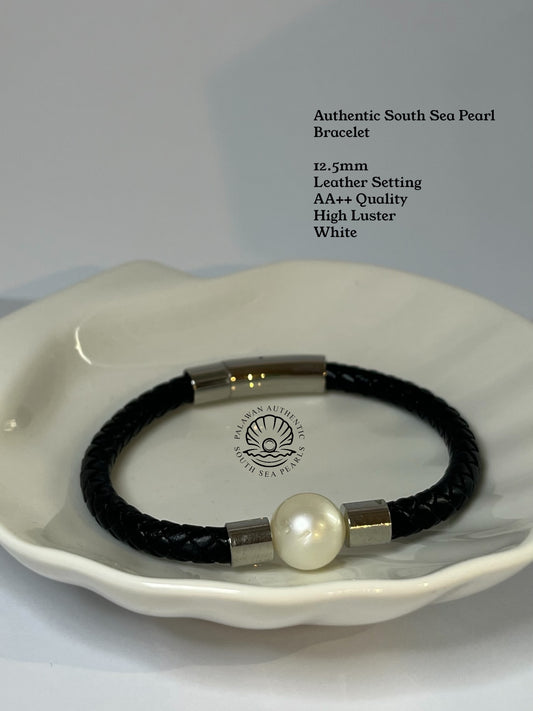 12.5mm Palawan Authentic White Color South Sea Pearl Bracelet in Leather Settings