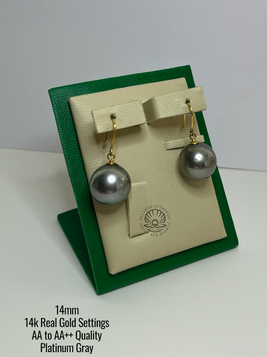 14mm Palawan Authentic Platinum Gray Color South Sea Pearl Earrings in 14k Real Gold Settings