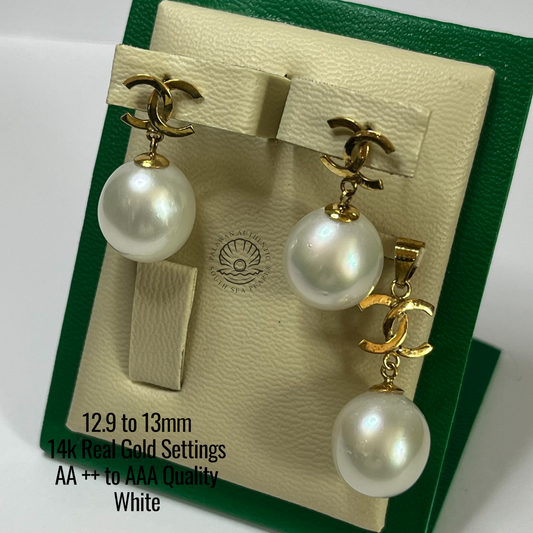 12.9 to 13mm Palawan Authentic White Color South Sea Pearl Sets in 14k Real Gold Settings