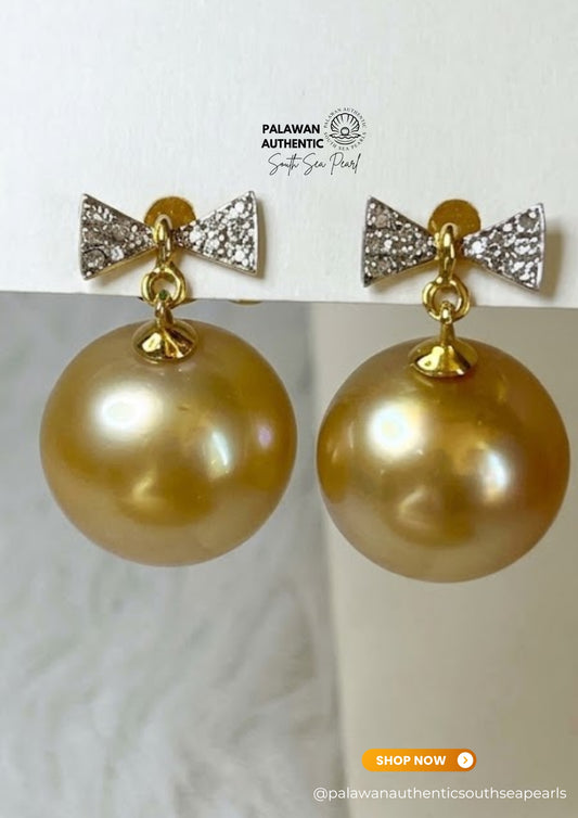14.2mm to 14.6mm Palawan Authentic Golden Color South Sea Pearl in 14k Real Gold and Diamonds
