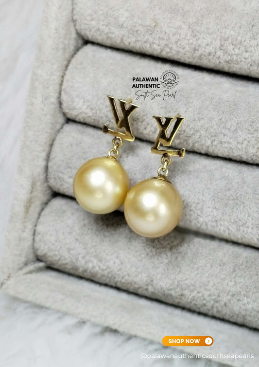 14.3 to 14.7mm Palawan Authentic Golden Color South Sea Pearl Earrings in 14k Real Gold Settings