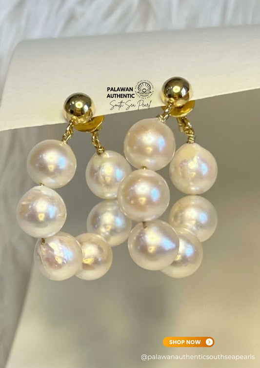 7.9 to 8.1mm Palawan Authentic Creamy White Color South Sea Pearl Earrings in 14k Real Gold Settings