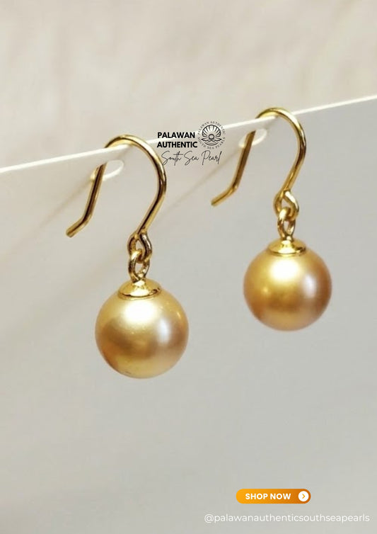 8.2 to 8.4mm Palawan Authentic Deep Golden Color South Sea Pearl Earrings in 14k Real Gold Settings