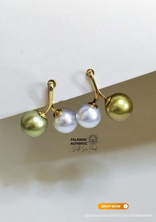 9mm to 10mm Palawan Authentic Silver White & Pistachio Green Color South Sea Pearl Earrings in 14k Real Gold Settings