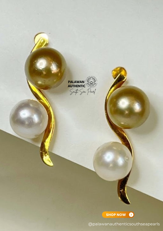 7.8 to 8.7mm Palawan Authentic White and Golden Brown Color South Sea Pearl Earrings in 14k Real Gold Settings