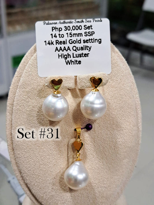 14mm to 15mm Authentic White South Sea Pearls Set in 14K Gold