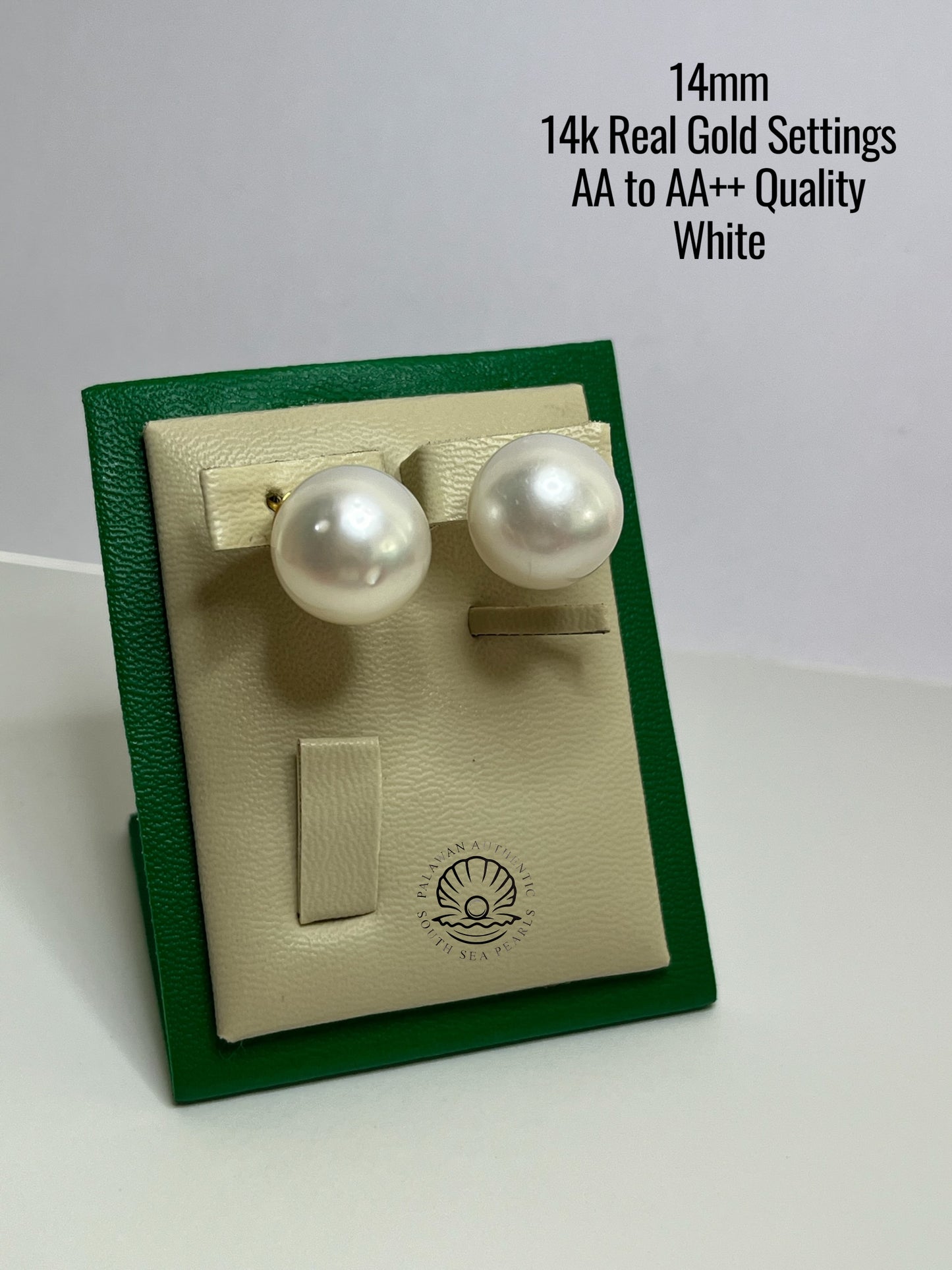 14mm Palawan Authentic White Color South Sea Pearl Earrings in 14k Real Gold Settings