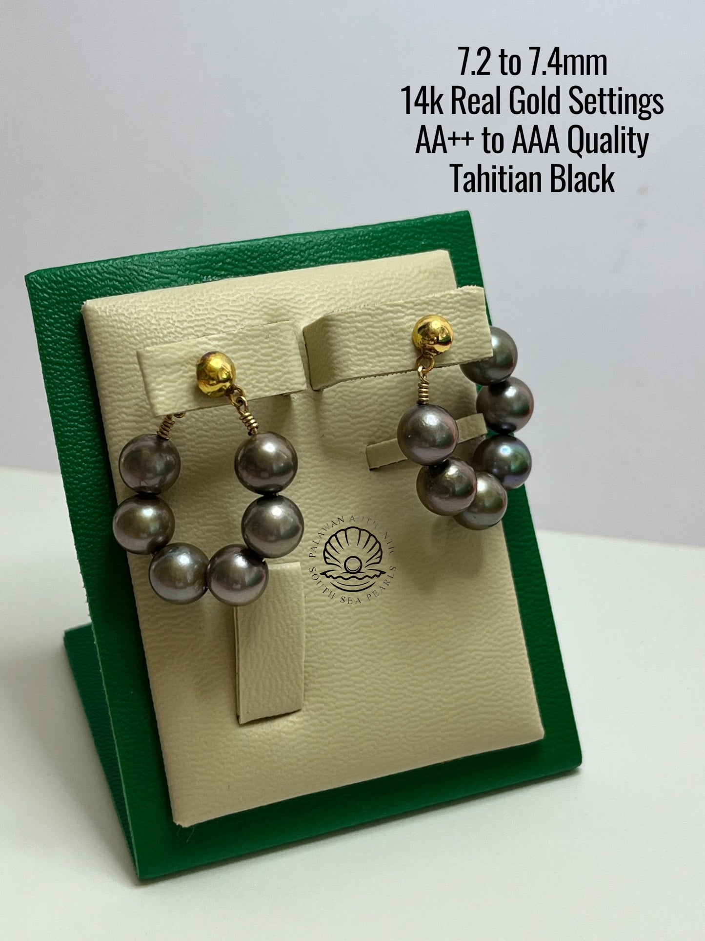 7.2 to 7.4mm Palawan Authentic Tahitian Black Color South Sea Pearl Earrings in 14K Real Gold Settings