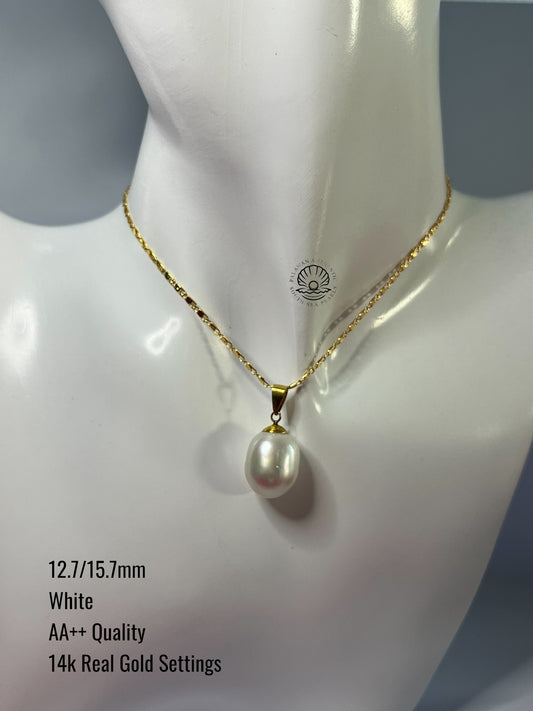12.7/15.7mm Palawan Authentic White Color South Sea Pearl Pendant in 14k Real Gold Settings