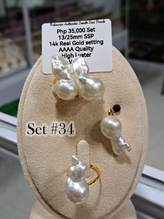 13mm/25mm Rare Shape Authentic White South Sea Pearls Set in 14K Gold