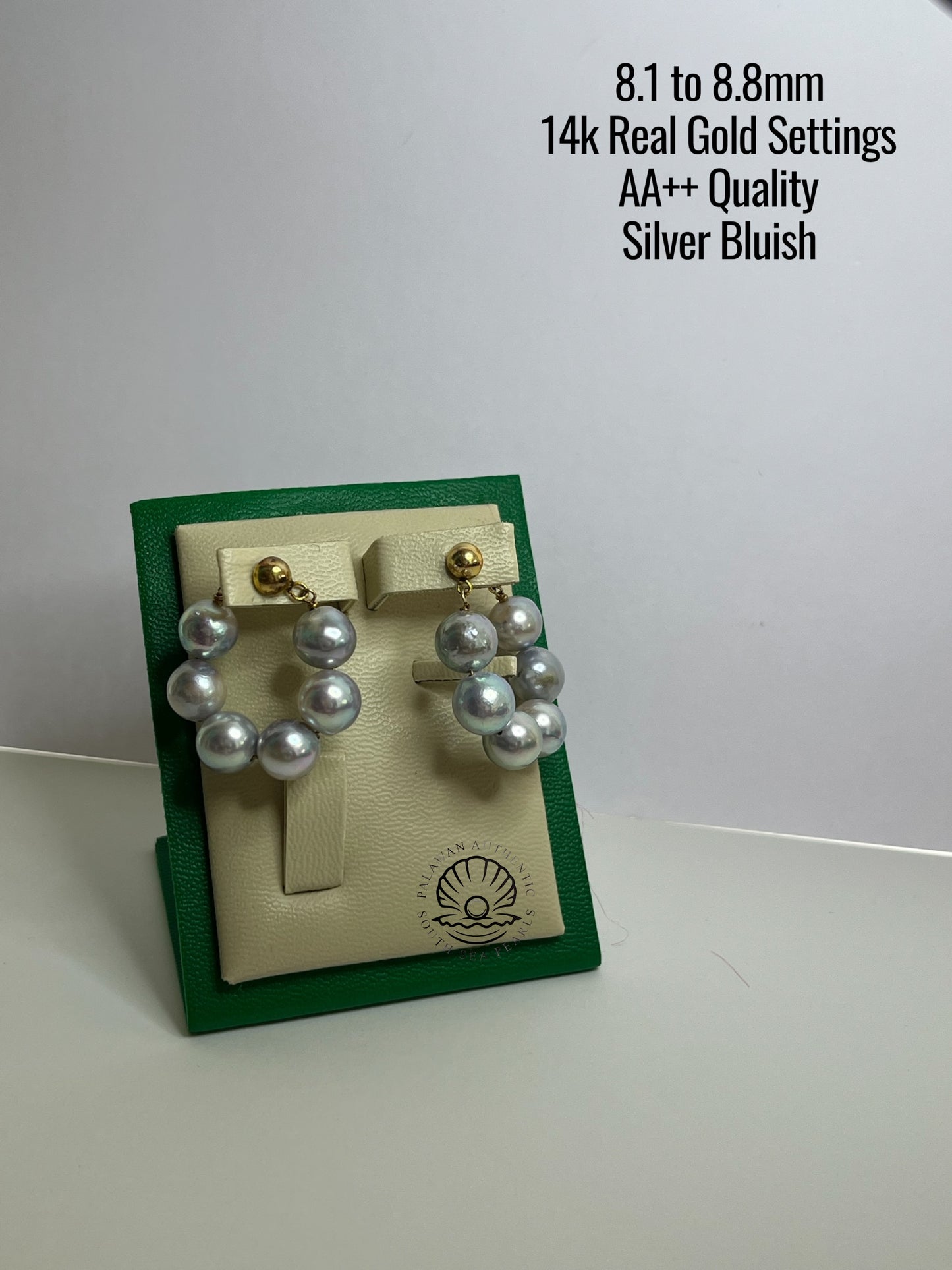 8.1 to 8.8mm Palawan Authentic Silver Bluish Color South Sea Pearl Earrings in 14k Real Gold Settings