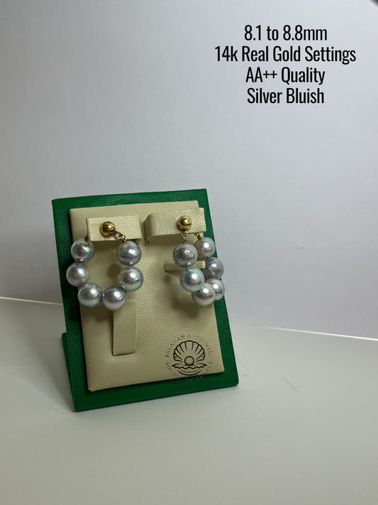 8.1 to 8.8mm Palawan Authentic Silver Bluish Color South Sea Pearl Earrings in 14k Real Gold Settings