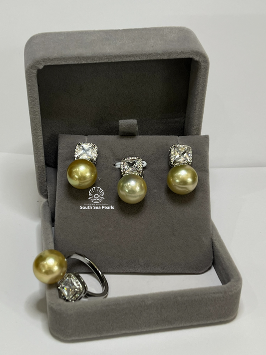 11.8 to 12.4mm Palawan Authentic Champagne Color South Sea Pearl Sets in 5 Micron Plated Settings